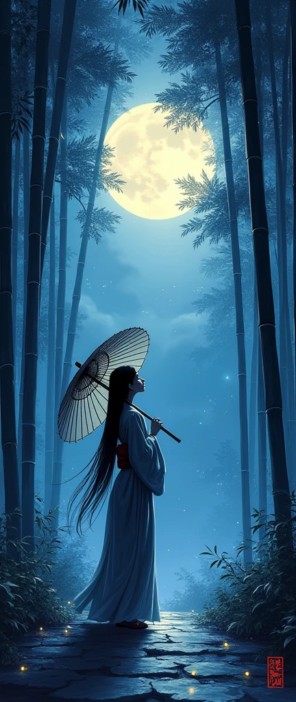 Dynamic ink painting of a Japanese bamboo forest, Great Art, Very deep, Ground shooting, The most beautiful bamboo forest in the world, The bamboo leaves soaked in rain sparkle, moon\(Light blue\) Light clouds cover, Beautiful woman\(Ancient Japanese nobles, Beautiful kimono, Beautiful long black hair\) looking up at the moon holding an umbrella,Drizzle, fireflies flying around, Three-dimensional bamboo leaves in the foreground, Long-range shooting,colorless,In Japan