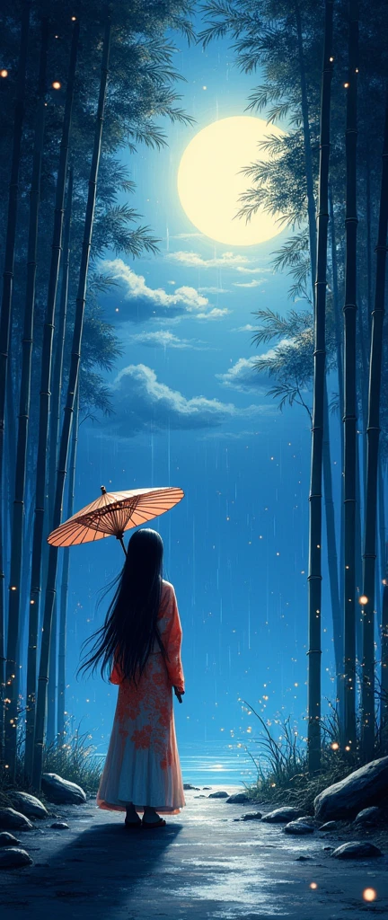 Dynamic ink painting of a Japanese bamboo forest, Great Art, Very deep, Ground shooting, The most beautiful bamboo forest in the world, The bamboo leaves soaked in rain sparkle, moon\(Light blue\) Light clouds cover, Beautiful woman\(Ancient Japanese nobles, Beautiful kimono, Beautiful long black hair\) looking up at the moon holding an umbrella,Drizzle, fireflies flying around, Three-dimensional bamboo leaves in the foreground, Long-range shooting,colorless,In Japan