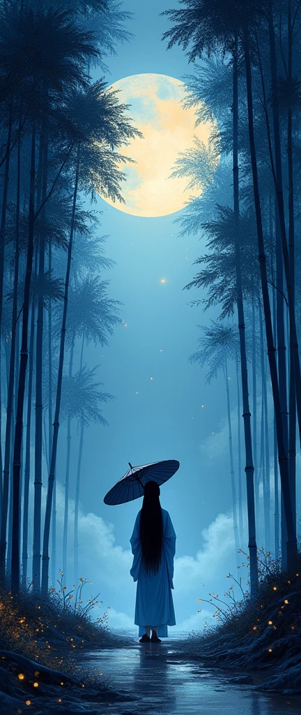 Dynamic ink painting of a Japanese bamboo forest, Great Art, Very deep, Ground shooting, The most beautiful bamboo forest in the world, The bamboo leaves soaked in rain sparkle, moon\(Light blue\) Light clouds cover, Beautiful woman\(Ancient Japanese nobles, Beautiful kimono, Beautiful long black hair\) looking up at the moon holding an umbrella,Drizzle, fireflies flying around, Three-dimensional bamboo leaves in the foreground, Long-range shooting,colorless,In Japan