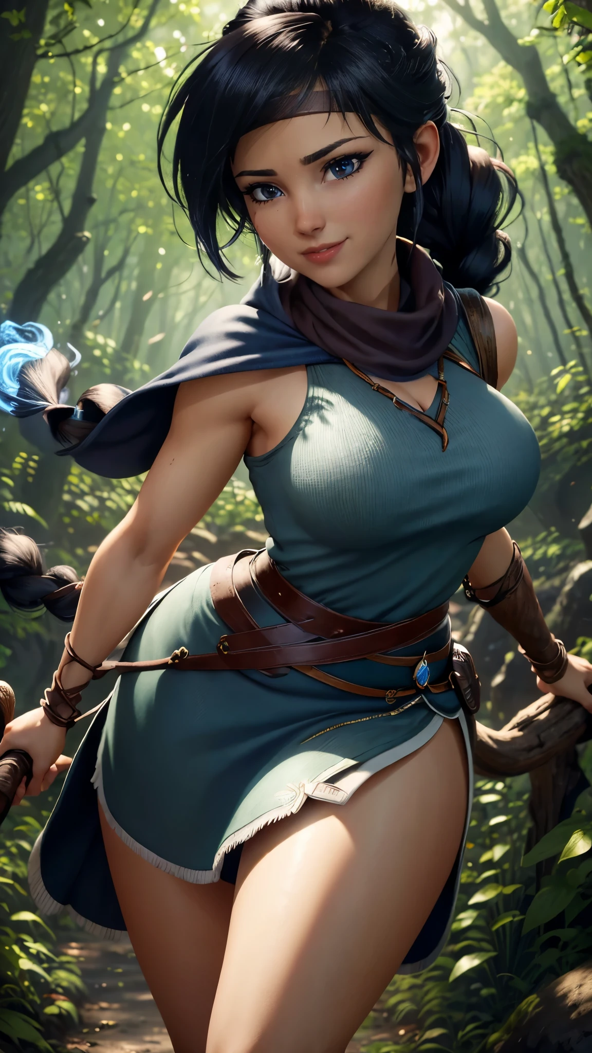 Kena da bridge of spirits,(best qualityer,4K,8k,high resolution,work of art:1.2)(weather: windy), cowboy shot,spirit forest background, long braided hair, long tight dress, thigh high stockings, magic scepter, headband, gloves, ultra detailed,realisitic,portraite,beautiful detailed blue eyes,beautiful detailed lips,extremely detailed eye and face, long eyelashes,sexly,average, large breasts,flying hair,beaming smile,powerful girl in a forest, sexy pose,stunning curves,bright coloured,dramatic lighting,composition,