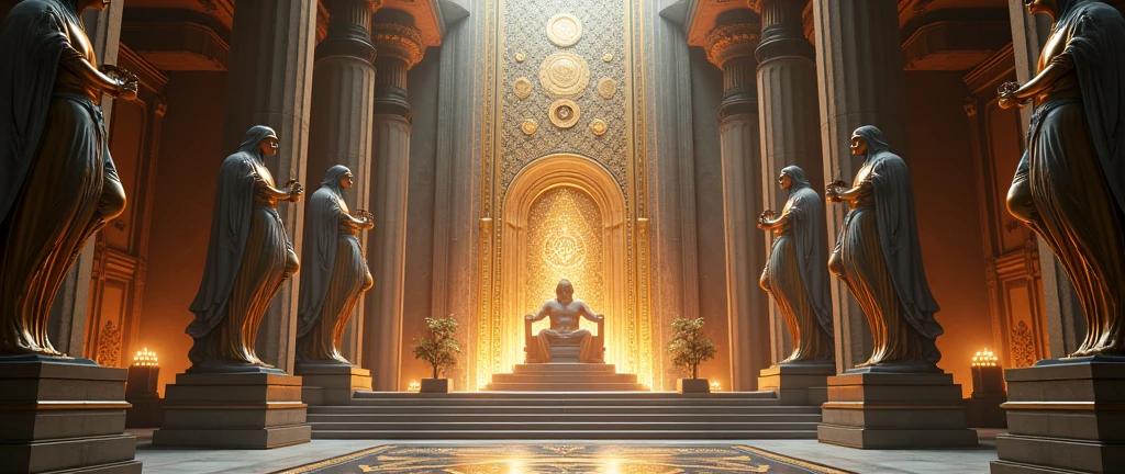 a close up of a futurist room with statues and a throne, majestic occult gates, emperor secret society, galactic temple, esoteric symbolism, ultra detailed symbolism, esoteric, archillect concept art, artgem and beeple masterpiece, esoteric art, alchemy concept, the temple of truth is white, atmoshperic, occult aesthetics alchemy