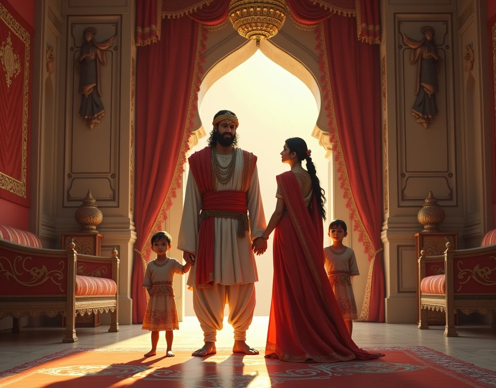 The rajput warrior and his new wife come in her new house , planetary entry , the rajput kingdom , the rajput warrior and female rajput warrior , he was standing in the room , in the room , room , two boy and one girl , one girl 
