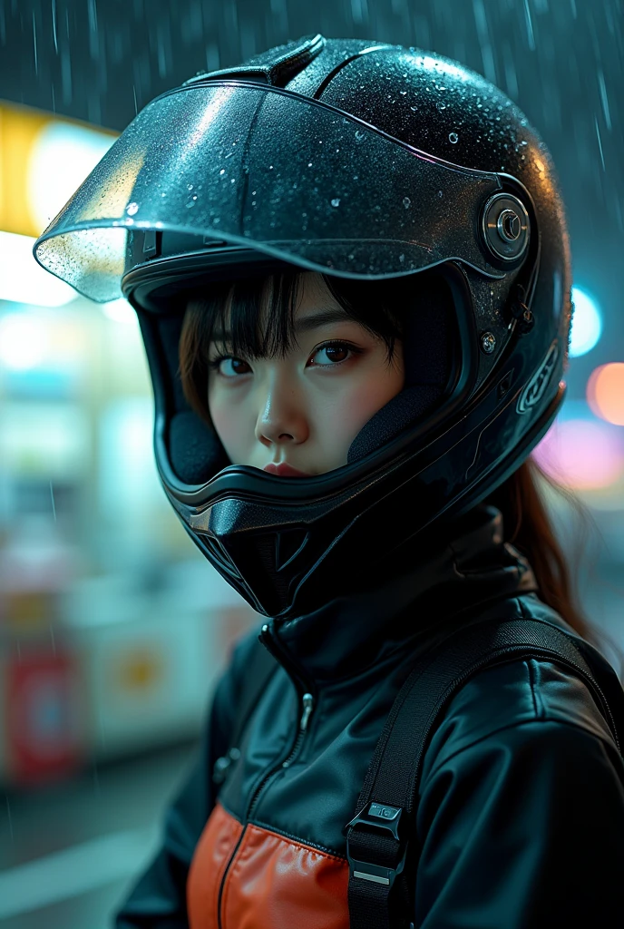 very beautiful Japanese high school girl, about to Ride on a off-road motorcycle, at convenience store at night, dramatic scene, masterpiece, (upper body:1.3), clear helmet visor, visor down, raining, water on visor, beautiful eyes, Shoei helmet, (wearing off-road rider's outfits)