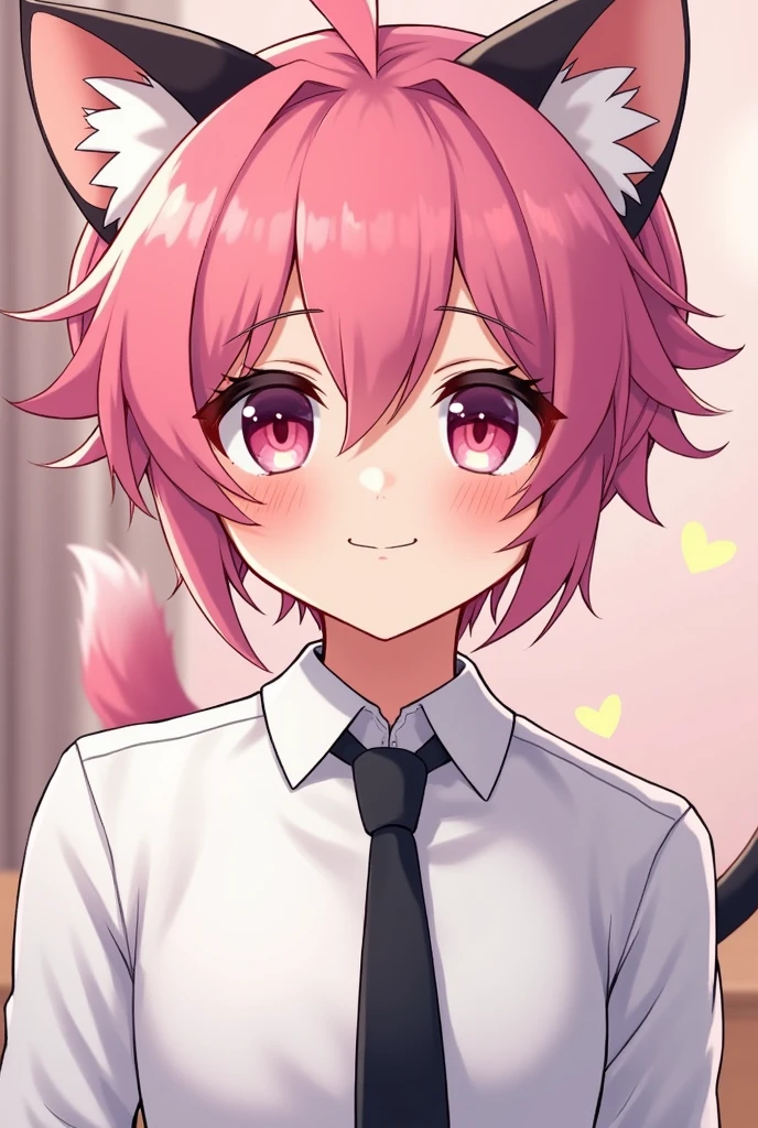 A cat boy with white shirt and black tie also pink hair Anime pic cute and cute BG and c also hot sharp jawline boy and handsome bit cuter