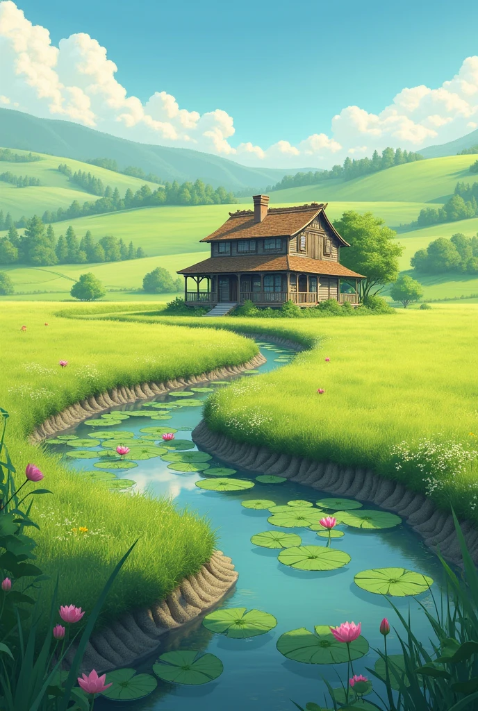 The house in the middle of the field has a dike below with a lotus pond and sunlight.