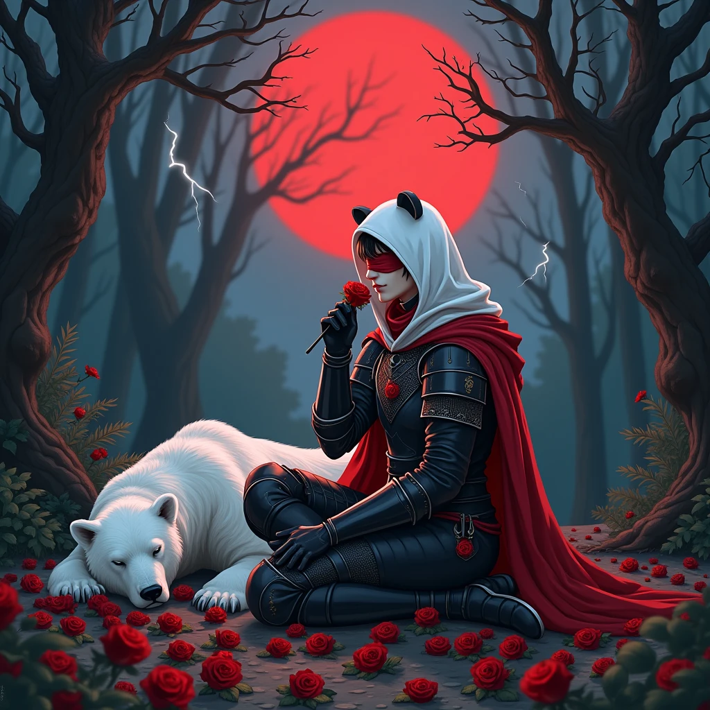 Male knight with a white hood with bear ears with sword behind his back sits on the ground towards a polar bear in a forest while the moon shines, many Roses cover the ground and lightning falls from the sky. The polar bear sleeps in front of the knight. Only the man wears a red blindfold. In the background of the picture is the blood moon and a tree has fallen down in the path. The forest is full of trees with leaves. The armor of the man is black and red roses decorate it. The knight smells on a rose.
