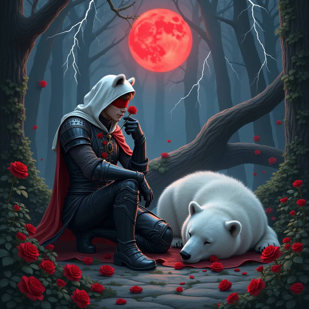 Male knight with a white hood with bear ears with sword behind his back sits on the ground towards a polar bear in a forest while the moon shines, many Roses cover the ground and lightning falls from the sky. The polar bear sleeps in front of the knight. Only the man wears a red blindfold. In the background of the picture is the blood moon and a tree has fallen down in the path. The forest is full of trees with leaves. The armor of the man is black and red roses decorate it. The knight smells on a rose.