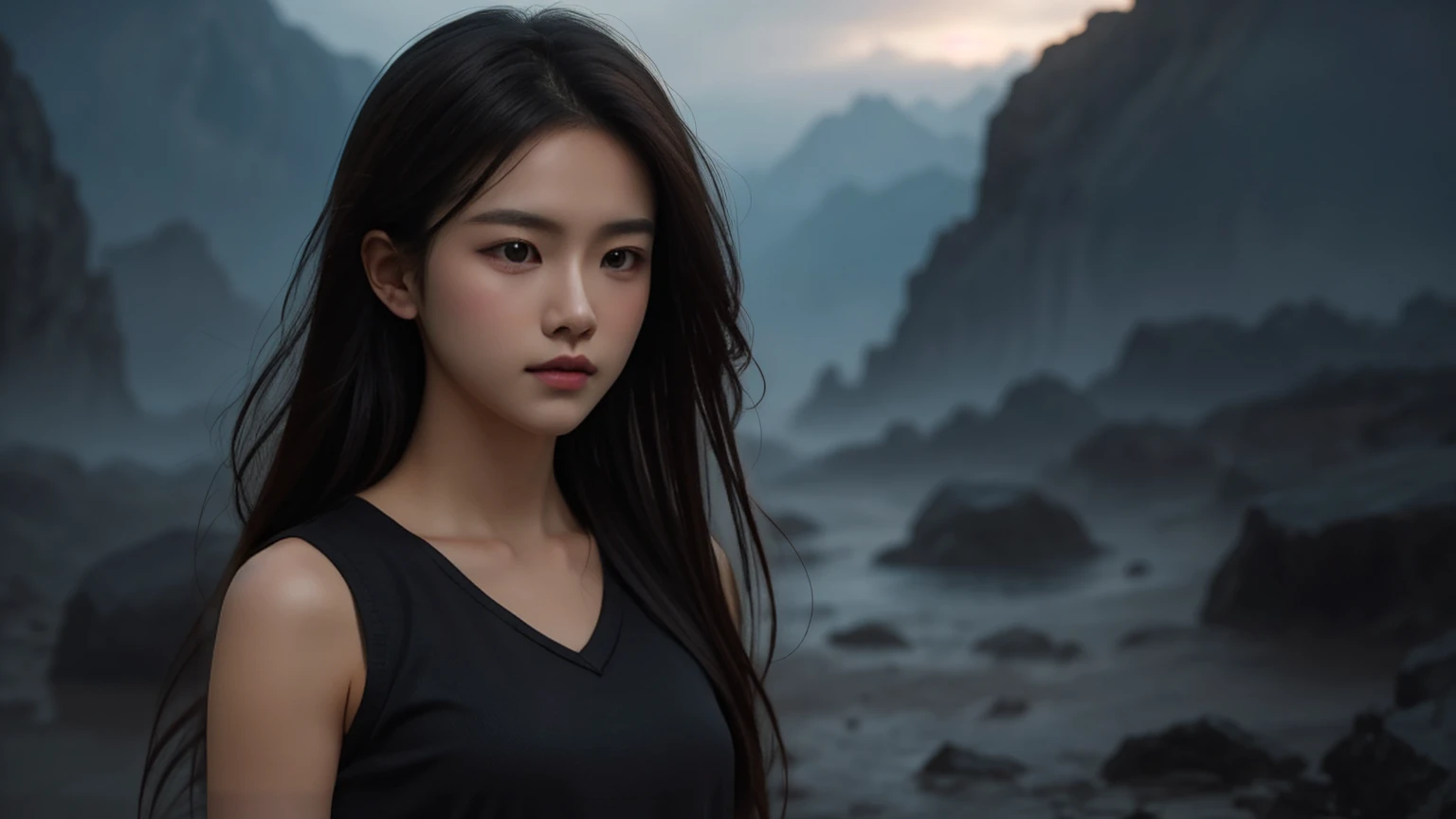 An 8k masterpiece, the highest resolution, every detail, meticulous detail, depth of field, bright colors, beautiful composition: an 1  girl with black hair and beautiful innocent eyes in stunning detail, standing on a dark and ominous background.