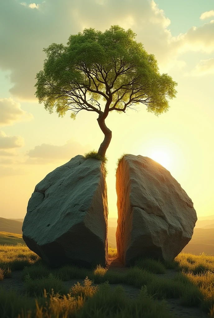 striking, high-resolution photo captures a massive stone split in half, A strong tree sprouted from the cracks. The slender branches of the trees stretch towards the sky, while its leaves shimmer with a Energetic green hue. The background is vast, Tranquil landscape stretches to the horizon, Illuminated by warmth, Golden Light. This fascinating image symbolizes the emergence of life from solid matter, It embodies the power of growth and renewal that can break through the hardest surface.., Movie, Energetic, poster, photo. Created by Sasan