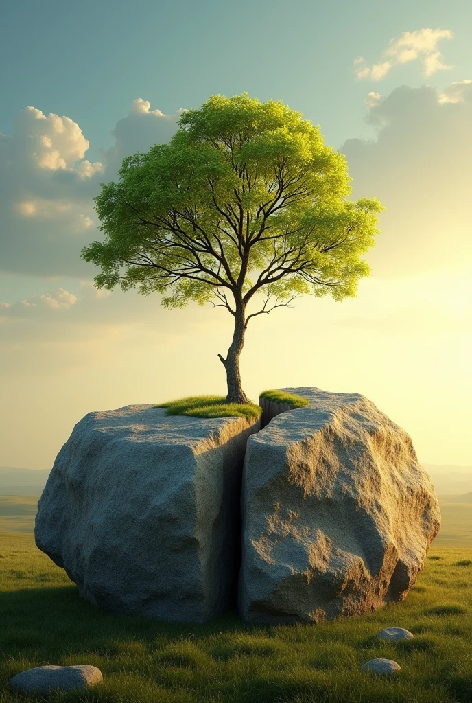 striking, high-resolution photo captures a massive stone split in half, A strong tree sprouted from the cracks. The slender branches of the trees stretch towards the sky, while its leaves shimmer with a Energetic green hue. The background is vast, Tranquil landscape stretches to the horizon, Illuminated by warmth, Golden Light. This fascinating image symbolizes the emergence of life from solid matter, It embodies the power of growth and renewal that can break through the hardest surface.., Movie, Energetic, poster, photo. Created by Sasan