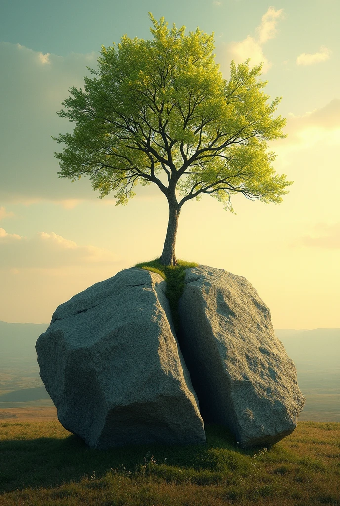 striking, high-resolution photo captures a massive stone split in half, A strong tree sprouted from the cracks. The slender branches of the trees stretch towards the sky, while its leaves shimmer with a Energetic green hue. The background is vast, Tranquil landscape stretches to the horizon, Illuminated by warmth, Golden Light. This fascinating image symbolizes the emergence of life from solid matter, It embodies the power of growth and renewal that can break through the hardest surface.., Movie, Energetic, poster, photo. Created by Sasan