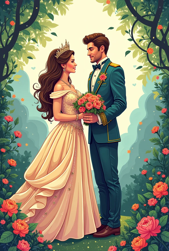 High detail vector drawing of a princess and prince wedding showing their full bodies in the picture. Colorful line art drawing. Vector drawing.