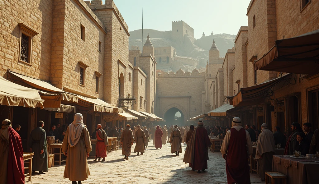 Create a highly detailed, underexposed depiction of the historical city of Ceuta during the era of Thariq bin Ziyad. The scene should feature the city’s ancient stone walls, narrow streets, and key architectural features, all rendered with cinematic detail. The city is alive with activity, with markets, citizens, and soldiers moving about, all dressed in period-accurate attire. The lighting is underexposed, with long shadows and subtle highlights that create a sense of depth and historical authenticity. The cinematic color grading emphasizes the contrast between the cool, stone structures and the warm, earthy tones of the people and their attire, creating an epic atmosphere that captures the historical significance of the city