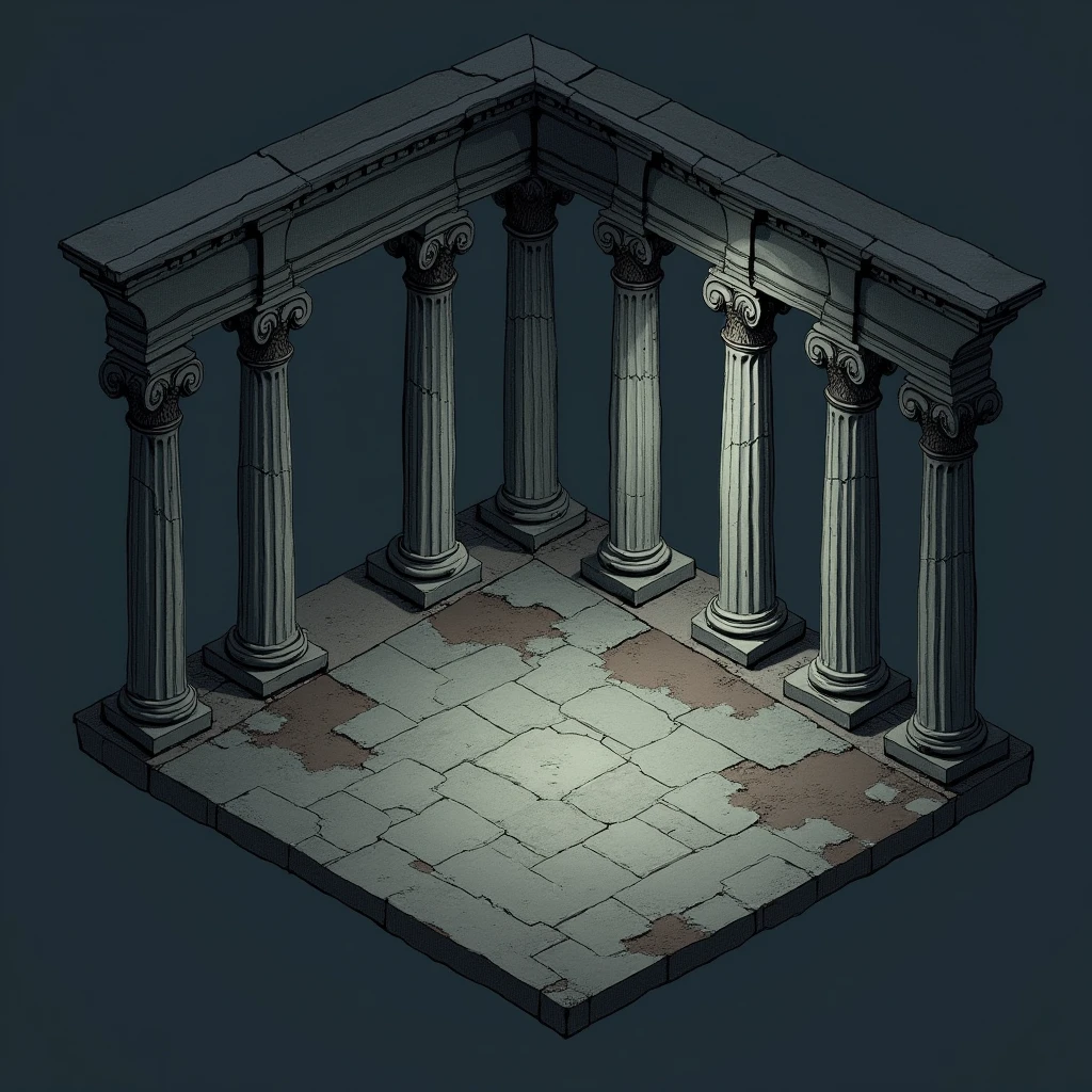 isometric digital icon for an app of a hall with many tall columns with peitra floor, puddles of earth on the ground, cobwebs between the columns, dark grim tone, drawn on paper