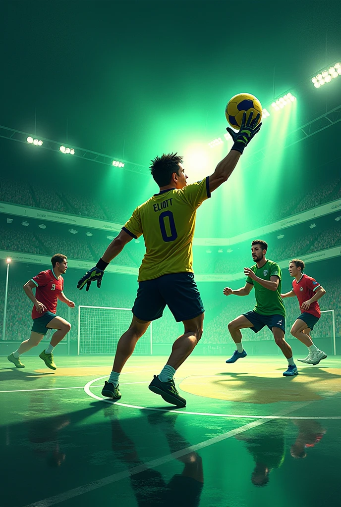 creer un dessin lumineux et dynamique illustrant un match de handball dans des tons de vert, blanc et noir. Le gardien de but porte un maillot sur lequel le prénom "ELIOTT" est écrit.