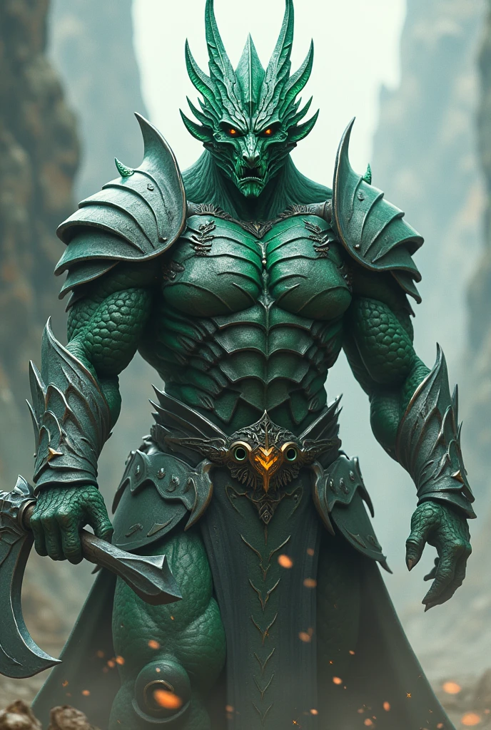 ((best quality)), ((masterpiece)), (detailed), perfect face Giant Male silver Dragonborn divine warrior, plate armo, steel scale with green details, crystal crest on his head with some small crystals floating around his head, holding a living mimic battle axe in he left hand, angry face, battlefield., vibrant color grading, dramatic angle, extreme angle