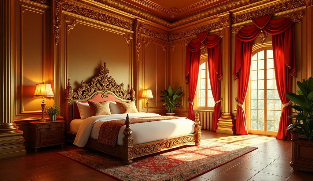 The scene of the royal bedchamber is in an ancient Thai style. The room is golden and there are no people.