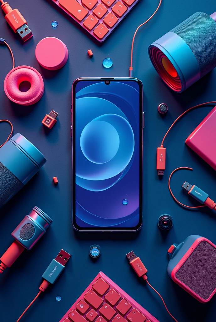 brightly colored image that has phone accessories, such as chargers, USB cables, headphones, keyboards, mice, speakers, phone cases, laptop cooling trays, dark blue in tone and that everything is related to Android and that is not so realistic, the stockings are 2.10*24cm
