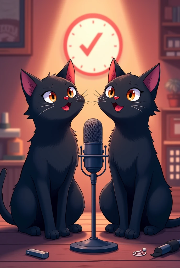 2 cats blacks, chatting, microphone, popcast, logo, anime style