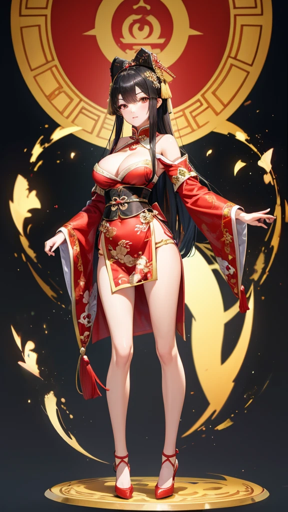 Black-haired busty beauty,Chinese imperial concubine clothing,cleavage,slim figure,Bare Legs,embroidered shoes,Standing,Chinese Palace,bangs between eyes, hairpin,