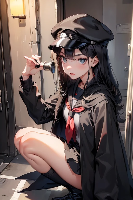 A female student with long black hair, wearing a black cap, black cloak, black school uniform, and black long boots, was walking through a narrow underground passage, crouching down and observing her surroundings through a magnifying glass in her hand. A cat beside her was yawning.