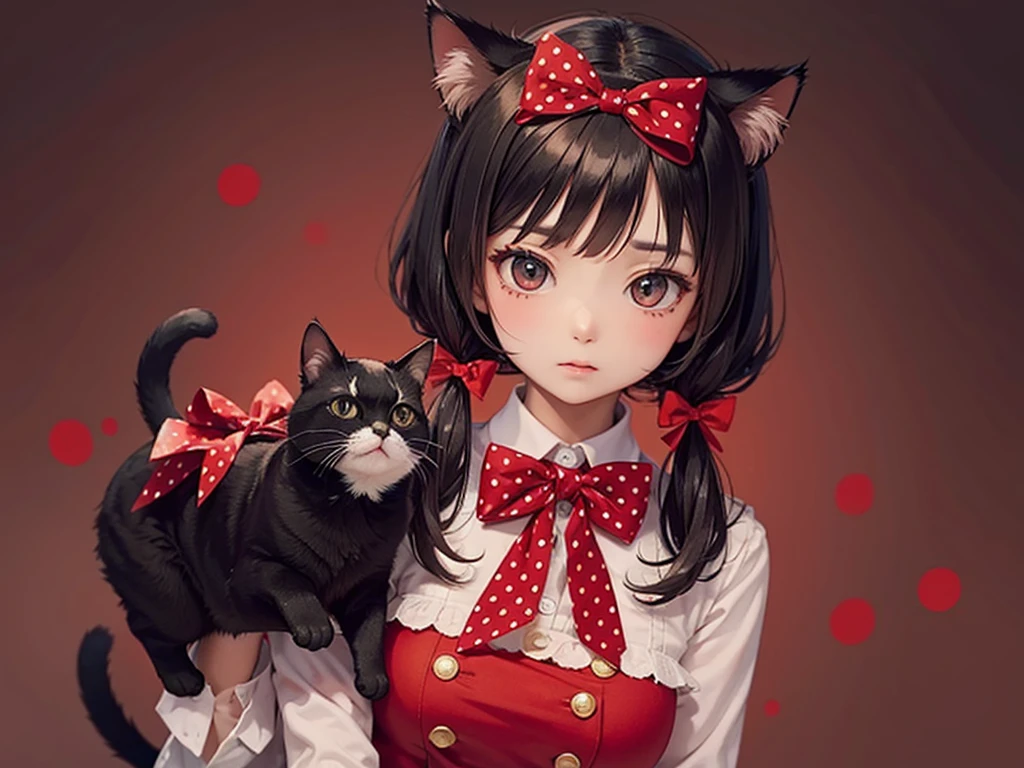 Cat wearing a red polka dot ribbon