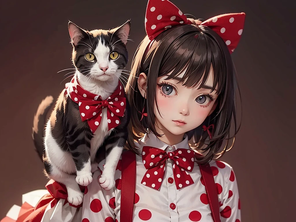 Cat wearing a red polka dot ribbon