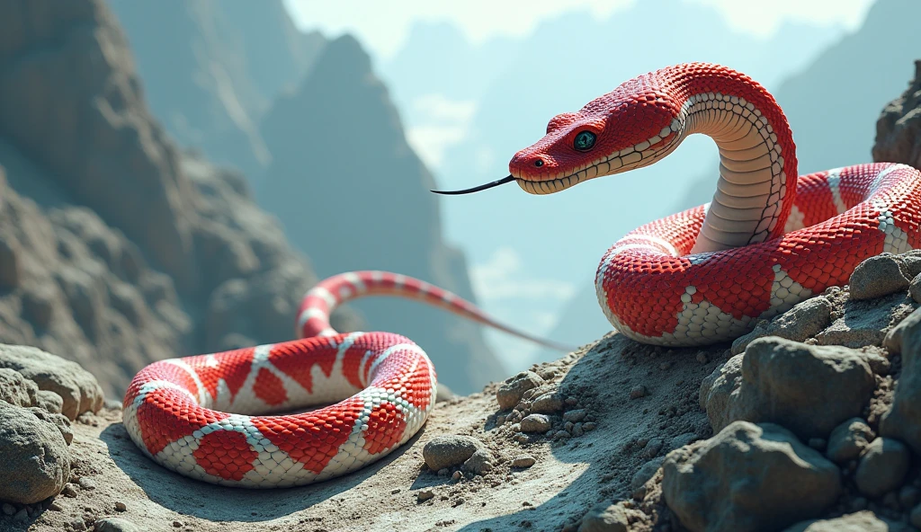 There is white jade ore on the mountain，There are also pit vipers with red and white bodies and spikes on their noses.（best quality，4K，8k，High level，masterpiece：1.2），Ultra Detailed，（lifelike，Photo real，Photo real：1.37）
