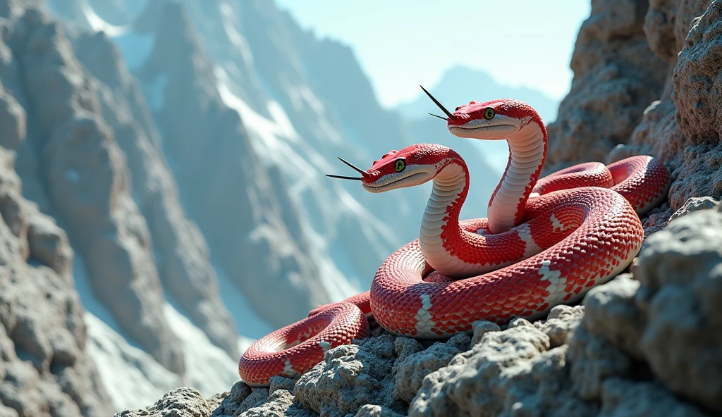 There is white jade ore on the mountain,There are also pit vipers with red and white bodies and spikes on their noses.(best quality,4K,8k,High level,masterpiece:1.2),Ultra Detailed,(lifelike,Photo real,Photo real:1.37)