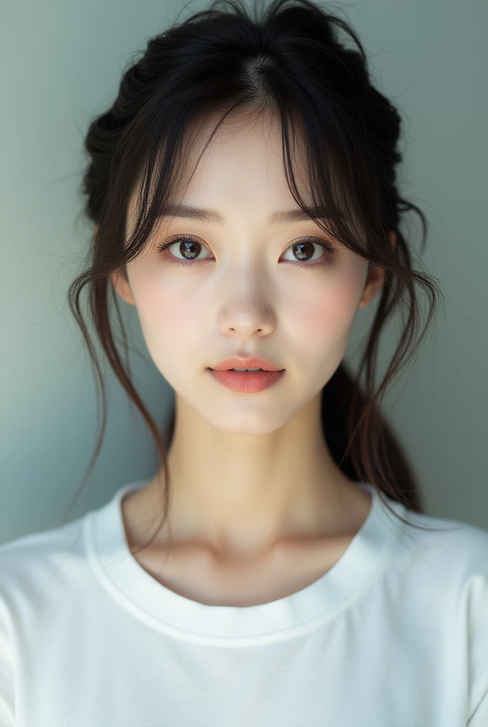 Desktop Ultra-high resolution Japanese female 2 K-pop idol face High nose Gives an elegant impression Natural hair color Large, detailed eyes Long eyelashes Natural color Wearing a white T-shirt Medium-long hair Looking at the camera from the front