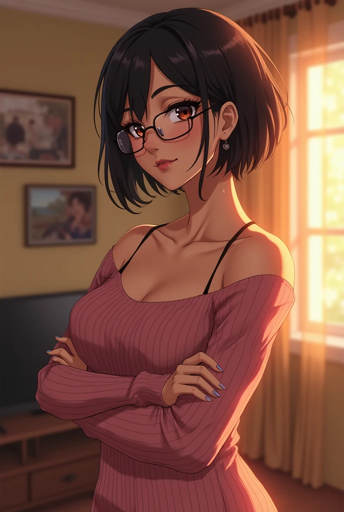 Woman,short hair, glasses, medium breasts,high quality, masterpiece, crossing her arms, living room background,Anime art,barely covering her body,half body,Off Shoulder Long Sleeve Knit Dress White, beautiful curves, detailed, BROWN SKIN