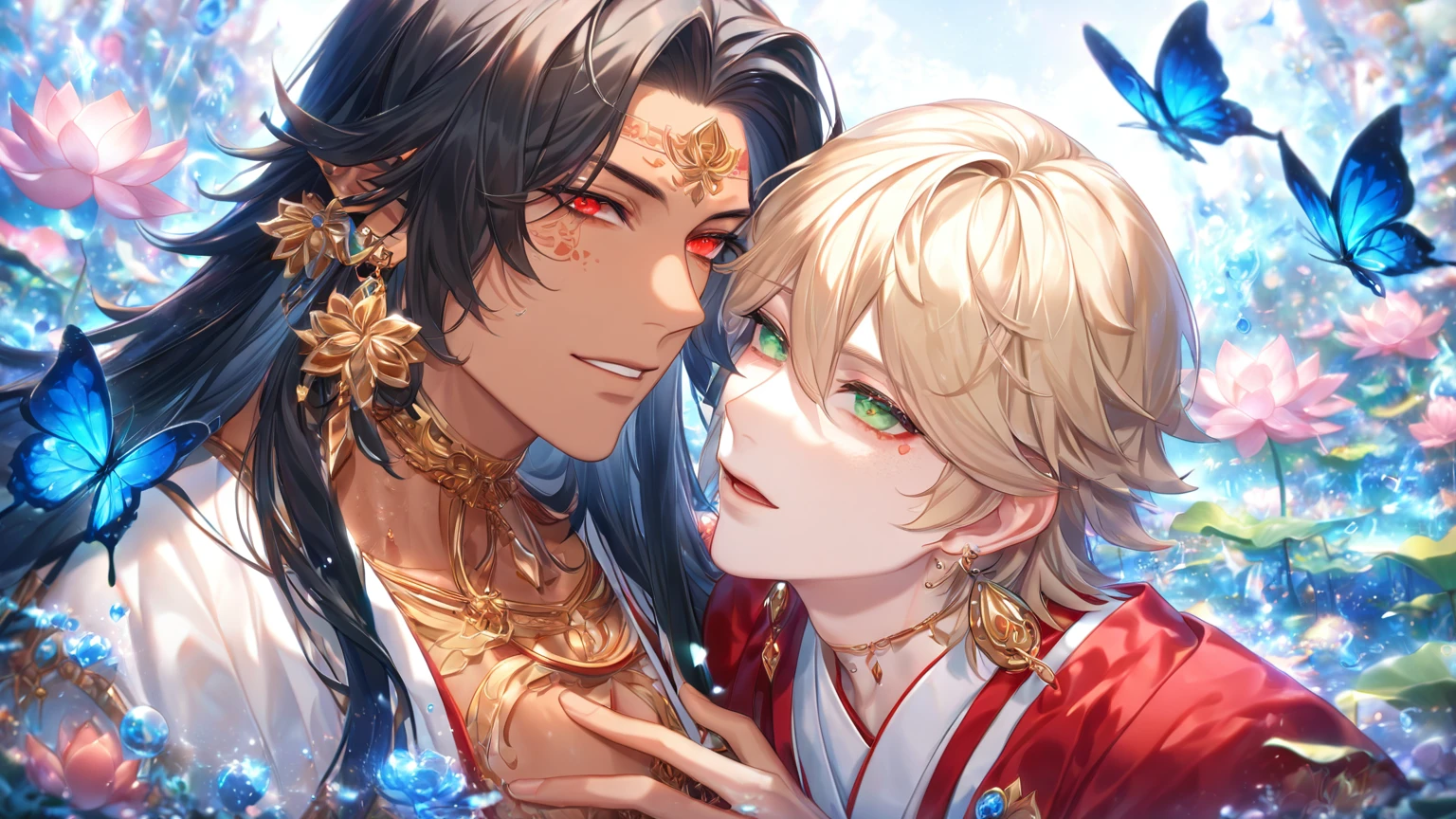 absurdres, highres, ultra detailed, HDR) master piece, best quality, extremely detailed, detailed face, detailed eyes, delicated features, tanned skin, Asura, black long hair, expressive red eyes, Onmyoji, Taishakuten, ash-blonde short hair, expressive green eyes, two men together, yaoi, gay couple, handsome, lotus earrings, white tunic with accessories, red haori, showing the chest, red tattoo, fantasy, magical, glittering, water, blue flames, blue moon, blue flowers, blue butterflies, garden