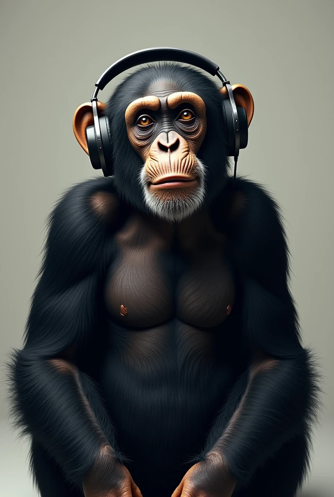 Adult chimpanzee monkey wearing headphones
