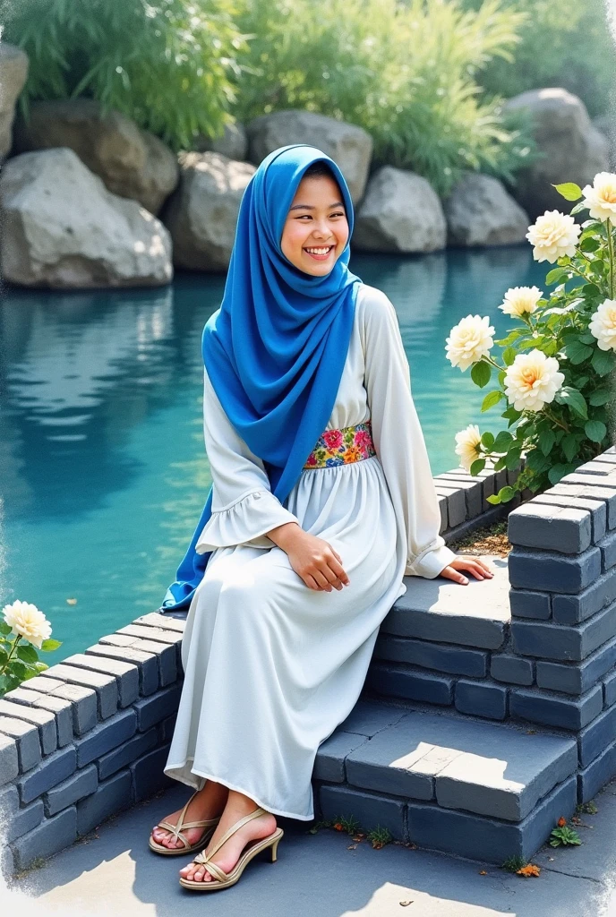 technique brushwork + watercolour; a young Singaporean Malay hijab girl with a beautiful smiling face, sweet laugh, long blouse with a flowered belt, blue white color, long pants, with high shoes, sitting on the shiny black brick steps leading to the artificial lake, looking at the lake, rocky, white roses along the coast.