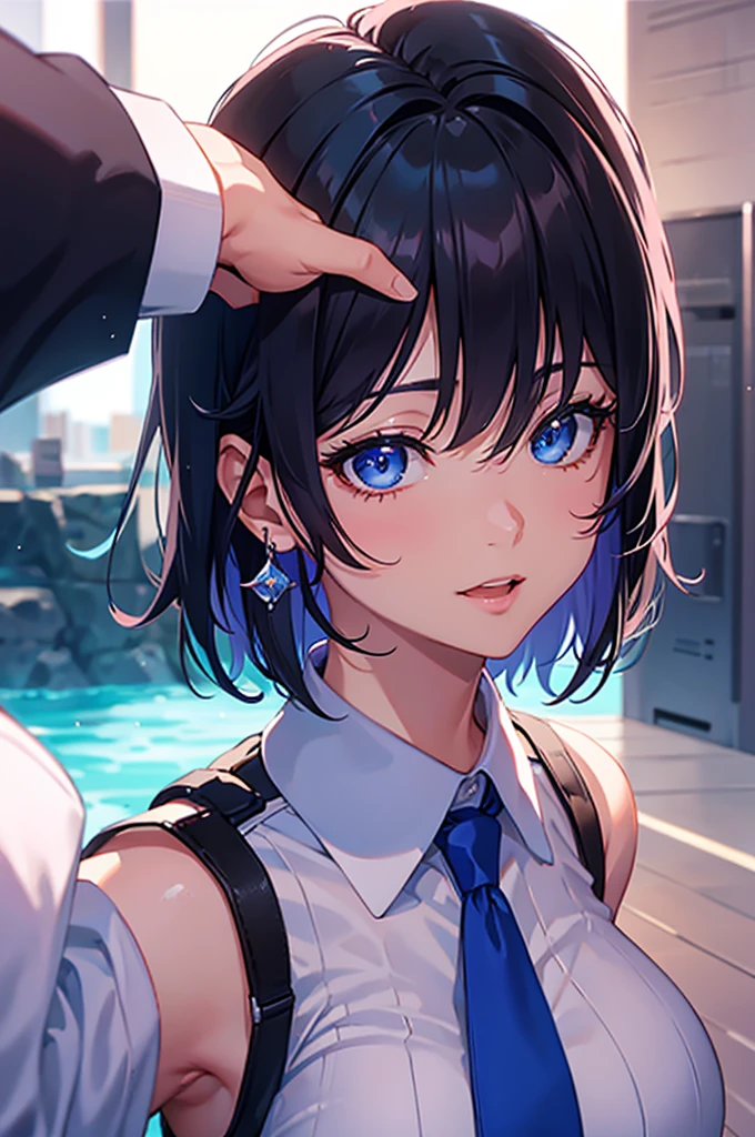 ((Short Hair, Highest quality, High resolution, Hmph, Pixel perfect, 4K, Hmph, Hmph))), One Girl, single, alone, Beauty、 ((  Black Hair、bangs)), ((Big blue eyes, Beautiful eyelashes, Realistic eyes、Double)), ((Detailed smile, )), ((Smooth texture:0.75, Realistic texture:0.65, Realistic:1.1, Anime CG style)), Big Breasts, Perfect body, school uniform、skirt、Pink tie、missing fingers/fewer digits