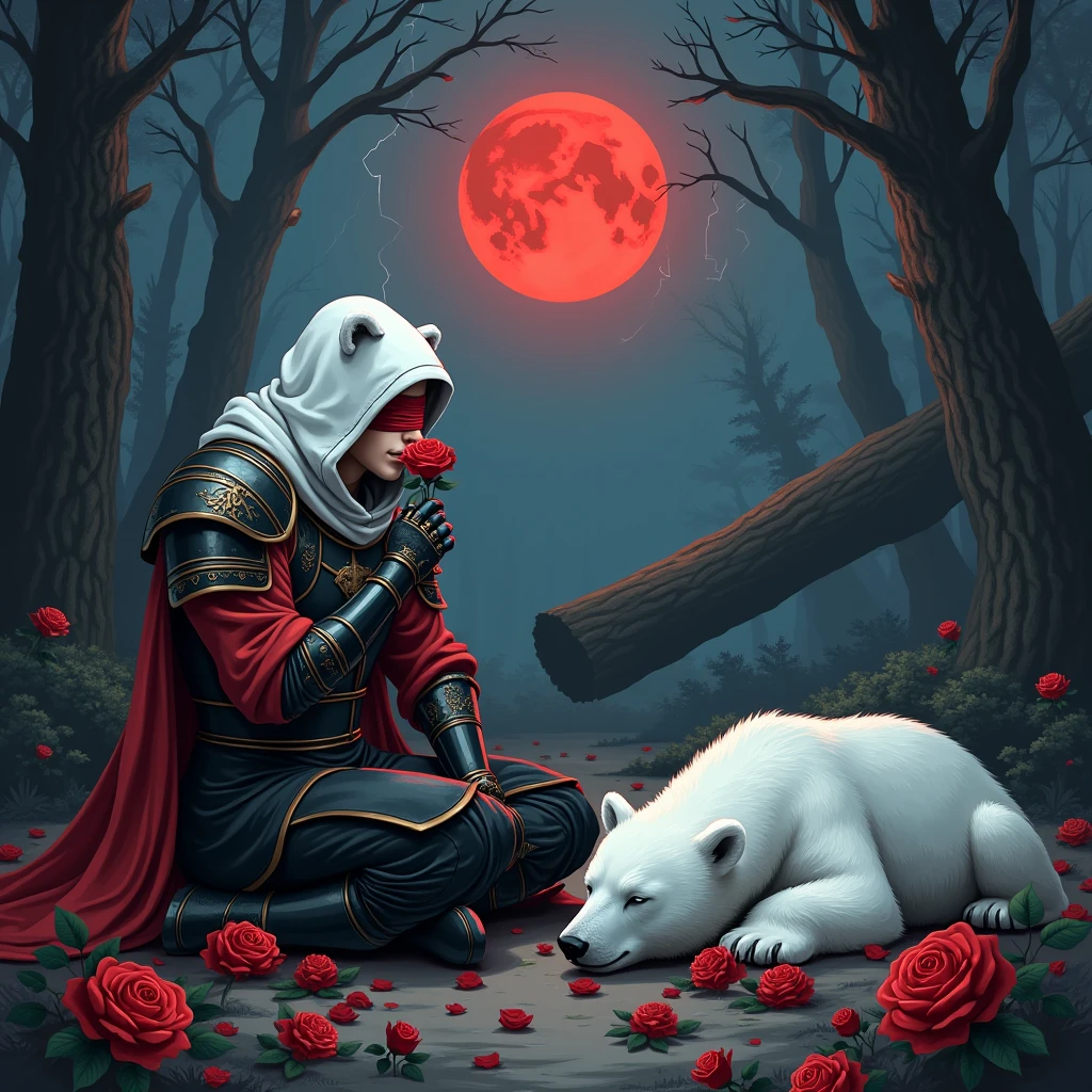 Male knight with a white hood with bear ears with sword behind his back sits on the ground towards a polar bear in a forest while the moon shines, many Roses cover the ground and lightning falls from the sky. The polar bear sleeps in front of the knight. Only the man wears a red blindfold. In the background of the picture is the blood moon and a tree has fallen down in the path. The forest is full of trees with leaves. The armor of the man is black and red roses decorate it. The knight smells on a rose.
