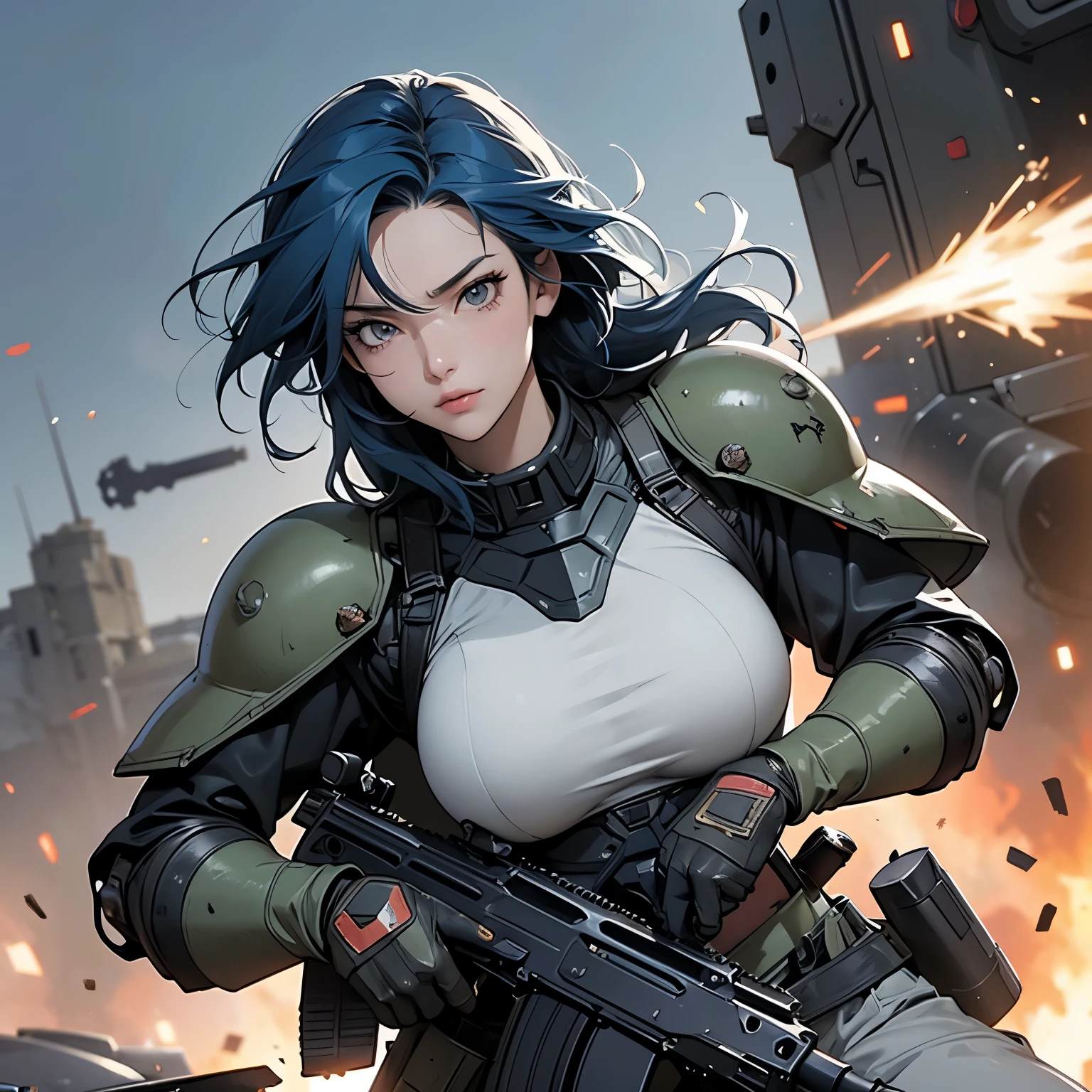 nsfw, anime screencap, 16K, perfect anatomy proportion body, action, A dynamic composition with a sense of speed and movement, (Hold an assault rifle:1.6), a wife, 40age, perfect beautiful delicate sexy face, perfect beautiful delicate drooping eyes, blue hair, Perm Hair, large breasts, abs, Camouflage-colored heavy armored steam engine full armor powered suit, Many heavily armored robot soldiers are engaged in a firefight in the background., Flying bullets, Ruined City Battlefield, war, Post-apocalyptic,