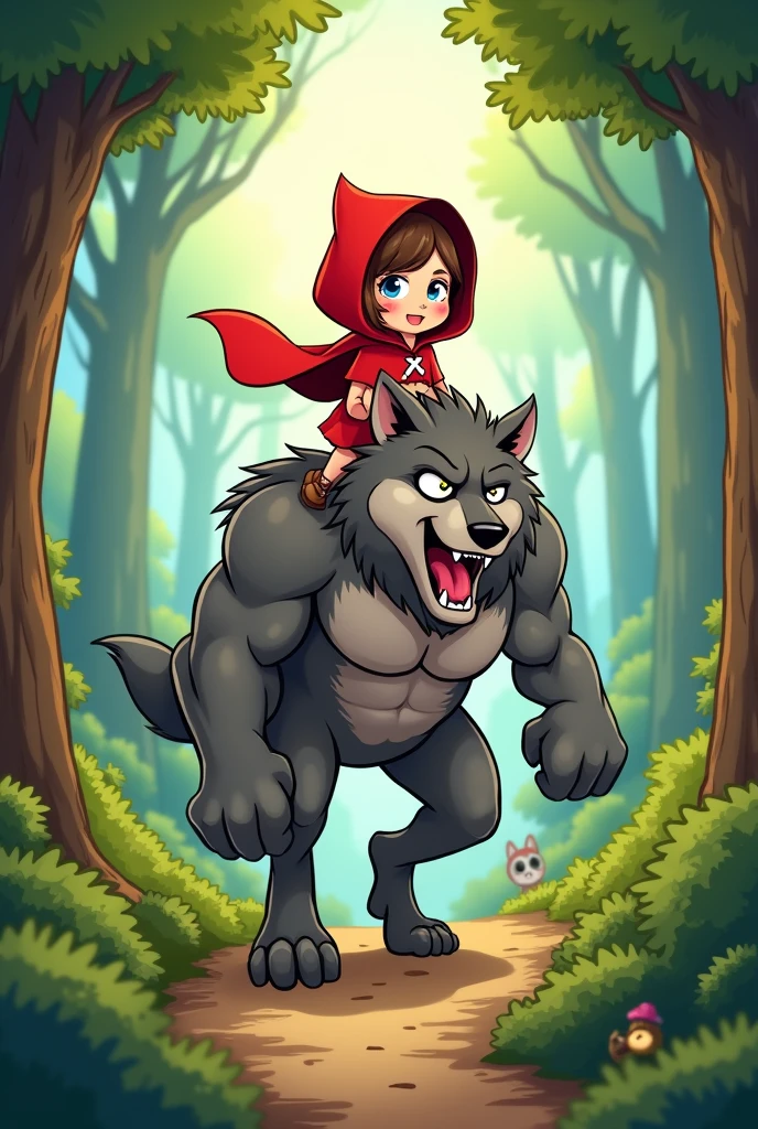 Cartoon with text: 
Little red riding hood sitting on a muscular wolfs shoulders, in a forest 