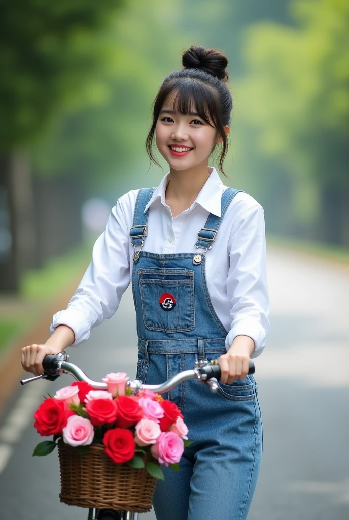 beautiful indonesian girl, smooth white skin, well-groomed face,Korean style bun hair with Korean style bangs, White shirt, with Santi logo motif, (celana jumpsuit )jeans warna coklat ,
white shoes, pose in the middle of the road, smiling sweetly while pushing the bike, in the bicycle basket full of colorful roses (jingga, )(red)(,pink,) Background  ,kiri-kanan jalan terdapat tumbuhan bunga mawar warna warni,Realistic original photo 