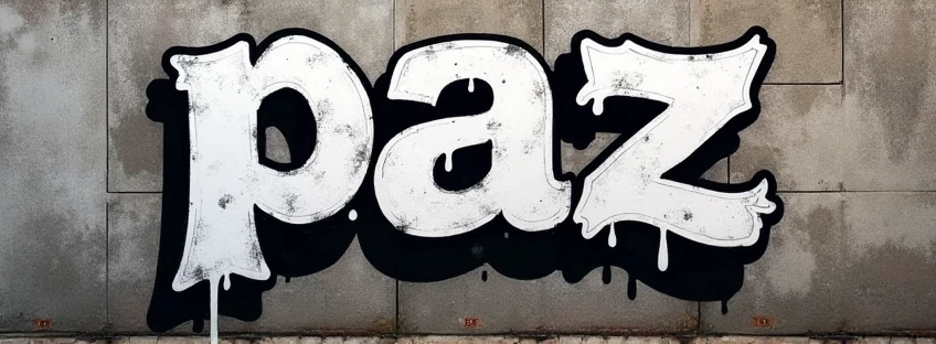 A graffiti that says "peace" in Spanish in black and white