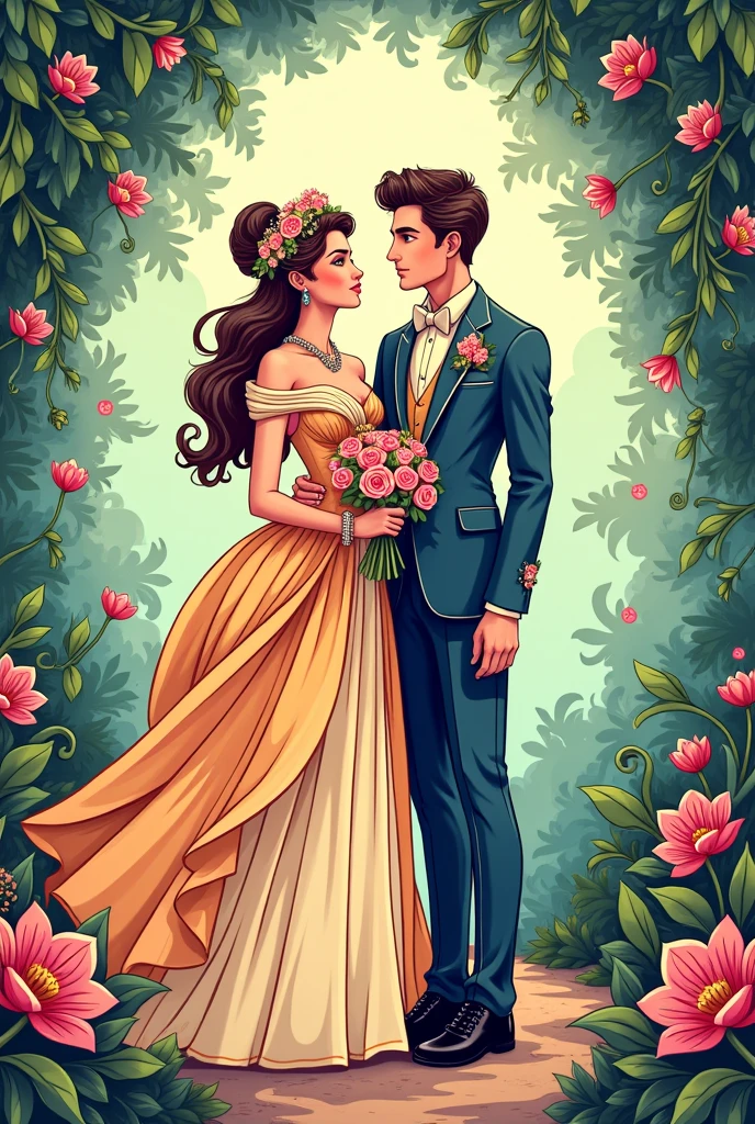 High detail vector drawing of a princess and prince wedding showing their full bodies in the picture. Colorful line art drawing. Vector drawing.