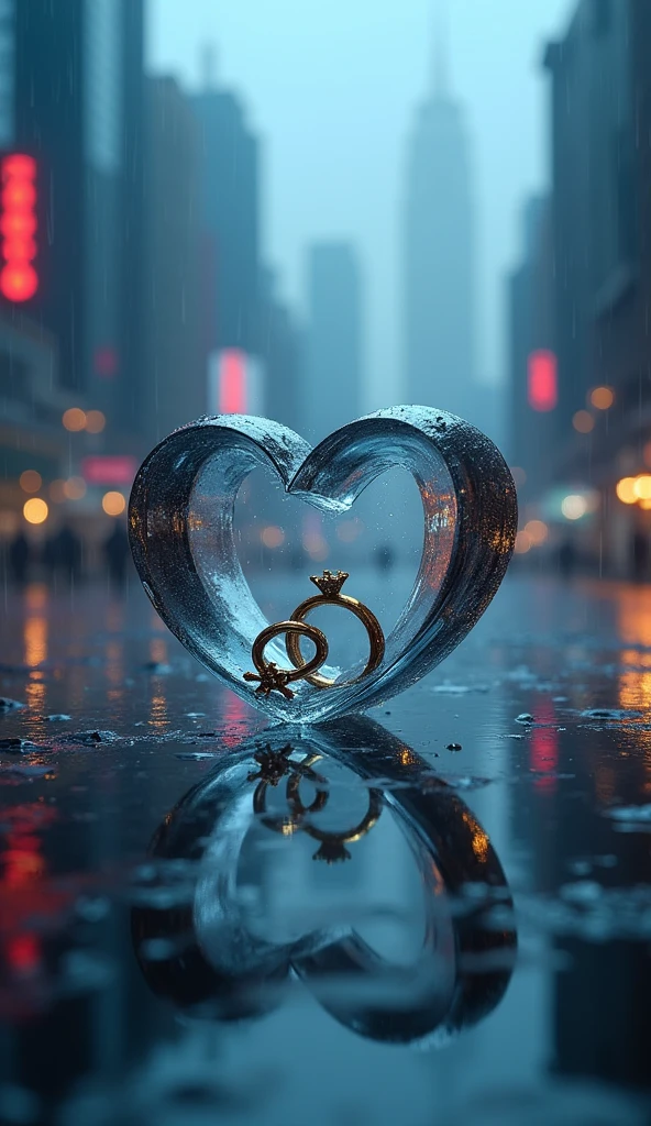 Rain landscape、distinctでRealな都会、青と黒をメインカラーにしたFantasyな景色、Angled three-dimensional glass open heart、Neon color、There are two engagement rings inside the glass heart、One ring is placed to the side and the other is held at an angle.、Fantasy、romantic、high resolution、Wide angle、distinct、Real、vivid、beautiful、masterpiece、Panorama、extensiive、Light and shadow details、The water is clear and shiny、The water faithfully reflects the scenery、ズームアウト✕3倍、