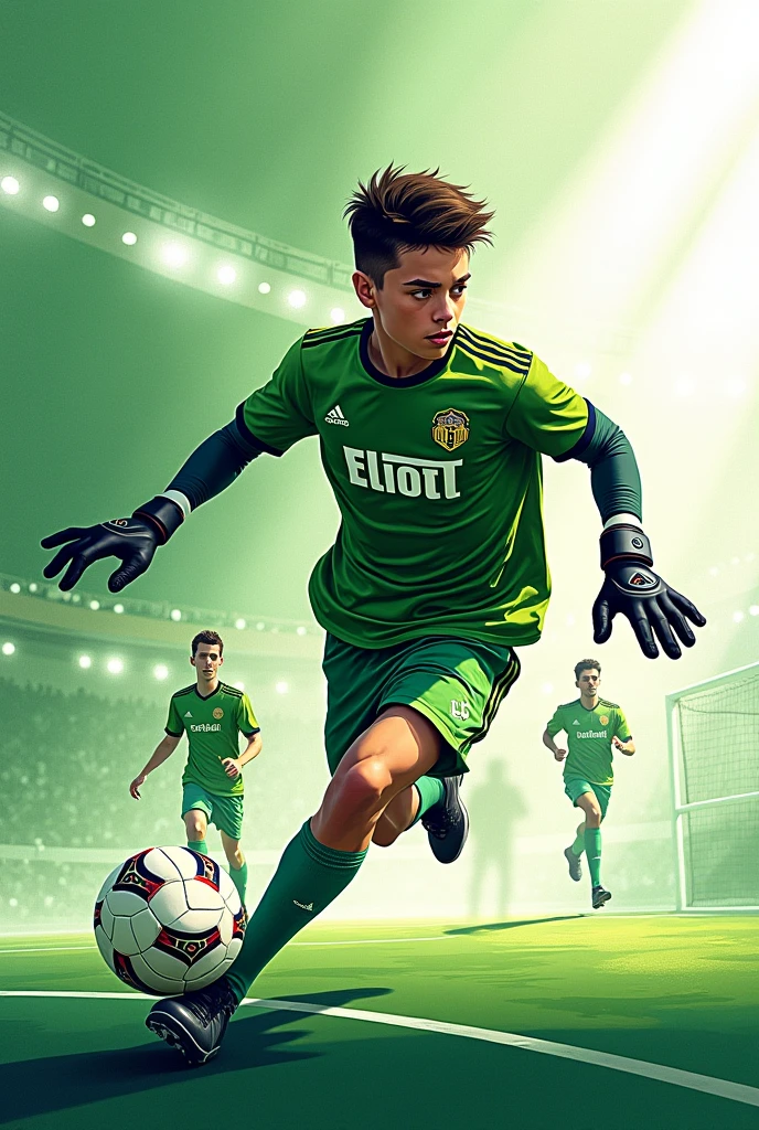 creer un dessin lumineux et dynamique illustrant un match de handball dans des tons de vert, blanc et noir. Le jeune gardien de but porte un maillot sur lequel le prénom "ELIOTT" est écrit
