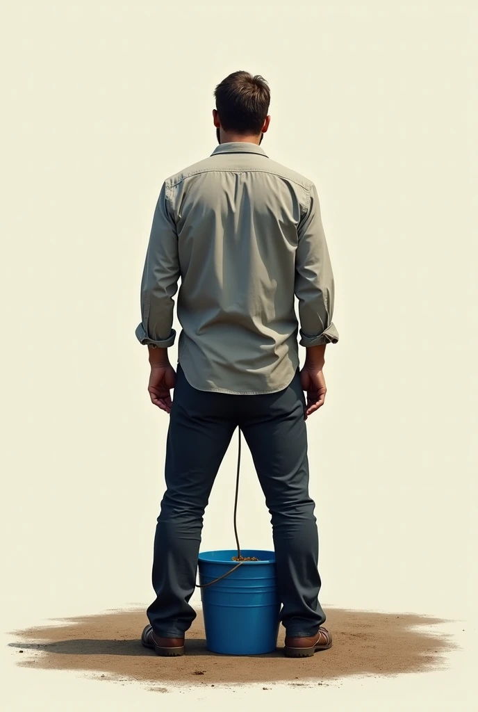 Create an image of a man seen from behind, standing, urinating into a blue bucket. The scene should show the man leaning slightly forward., with legs open to keep the bucket between them. The blue bucket should be in the center of the image, well positioned between the man's legs, with a visible stream of urine directed into the bucket. The man must be wearing simple clothes, like a shirt and pants, with enough detail to make it identifiable, but without excessive focus on facial features, since he has his back turned.