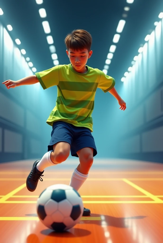 A age boy of about kicking a ball. He is on a futsal court well lit by white neon lights.. The court floor is orange with yellow lines. Your skin is brown and your hair is brown, smooth and short. His shirt is lime green with thick horizontal stripes in avocado green., that cross the entire shirt. His shorts are navy blue and his socks are halfway up his shin and are completely white.. He wears black futsal shoes.