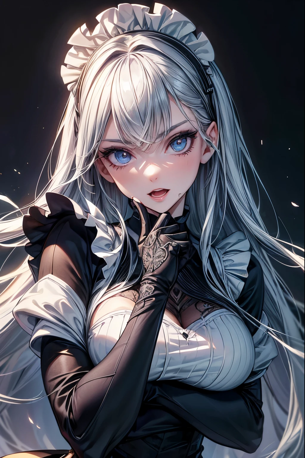 (best quality,4k,high resolution,masterpiece:1.2),detailed eyes,beautiful detailed lips,extremely detailed large eyes and face,long eyelashes,1 girl, Europian  face with evil smile, tightly fitted outfit,black long-sleeved maid costume,wearing long skirt, wearing white tights, a girl is pushed a switch in a operating room, having a control box in left hand, upper body portrait, sadistic eyes, upward gaze,open mouth with cruel feels, feels a confidence expression.