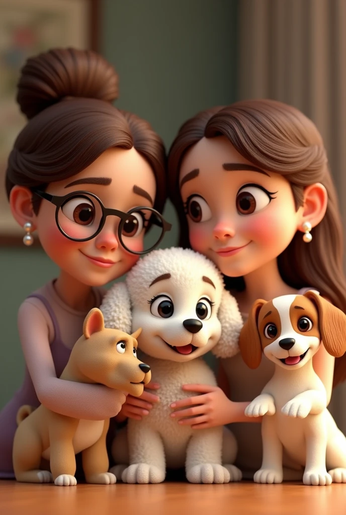 A 3 woman with big glasses, tender, smiling, pearl hoops, somewhat unstructured, brown hair up, with a part in the middle, jugando y abrazando a sus perros un caniche blanco cachorro tierno y un perro Jack Russell con mancha en el ojo marron tierno y smiling personaje de animación, stylized character, animation style rendering, 3D stylized, Arnold Maya rendering, Render 3D stylized, Toon render keyshot, 3D character, 3D character, Stylized 3D rendering, 3d character rendering, cartoon character, Close-up character, Character pose, (pixar style) (master part:1.2) (bokeh) (Best Quality) (detailed skin) (detailed texture) (8k) ( clay) (cinematic lighting) (sharp focus
