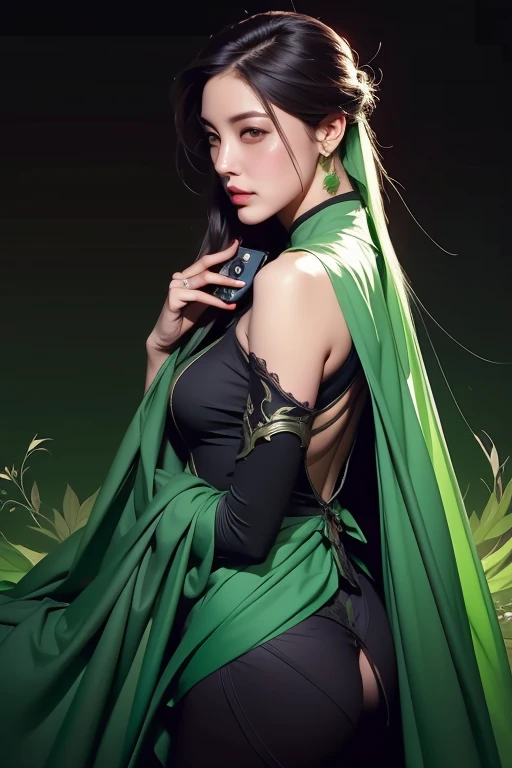 A woman wearing green and black clothes taking a photo, extremely detailed ArtJam, ArtJam detailed, by ruan jia and stanley ArtJam, ArtJam and rossdraws, ig model | ArtJam, Irelia from League of Legends, style of ArtJam, rossdraws Digital Painting, ArtJam and wlop