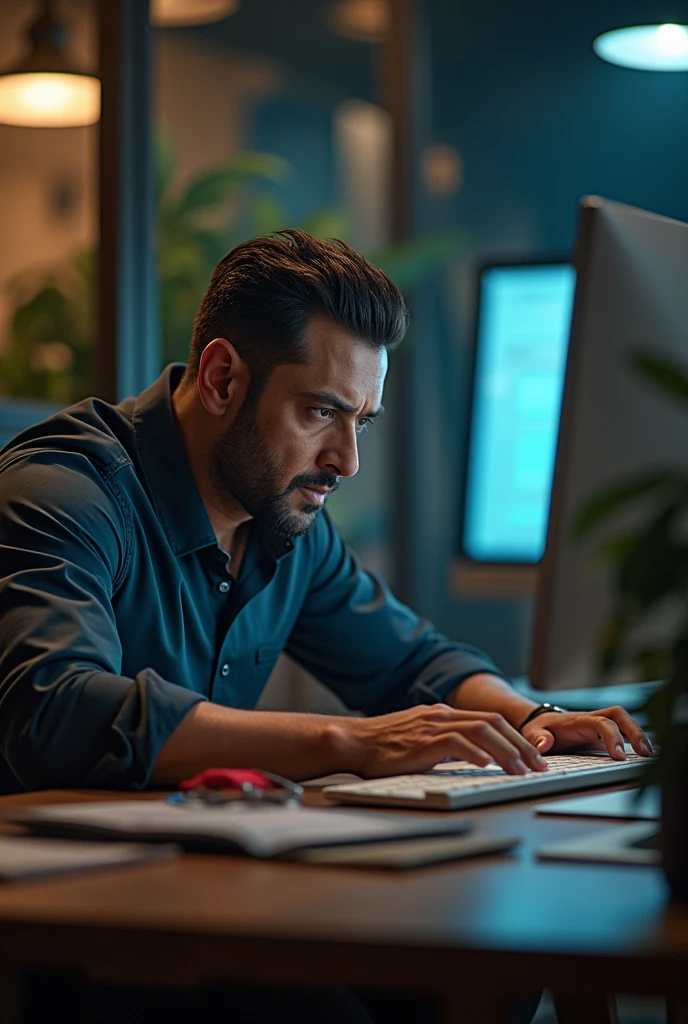 Salman khan scrolling computer while sitting on a table