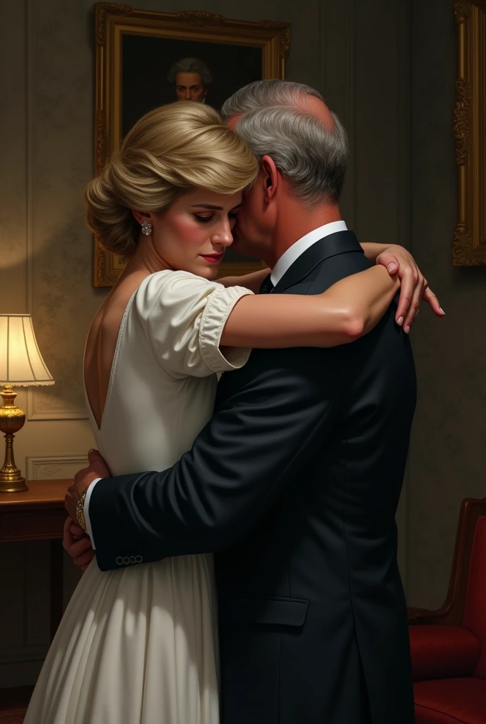 Princess Diana comforting a crying Prince Charles who is grieving for his mother's death
